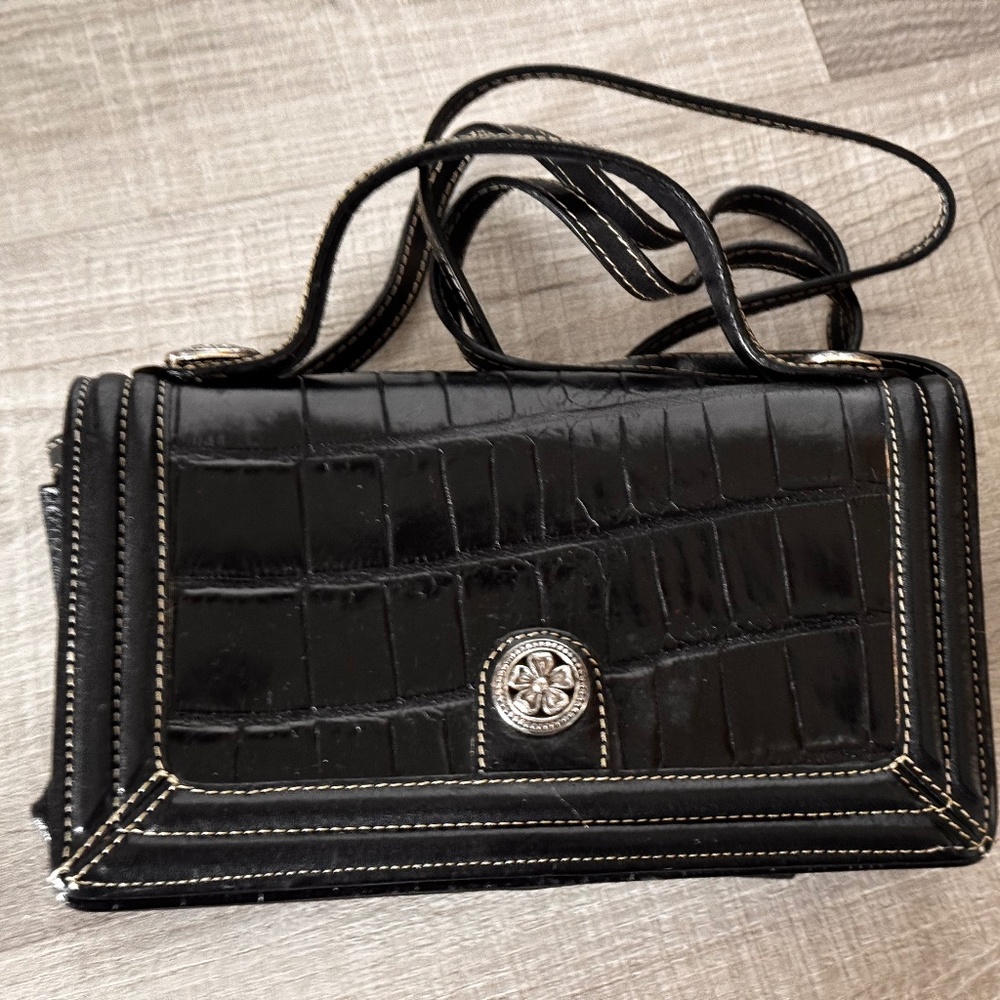 Brighton Black Croc-Embossed Leather Organizer Crossbody